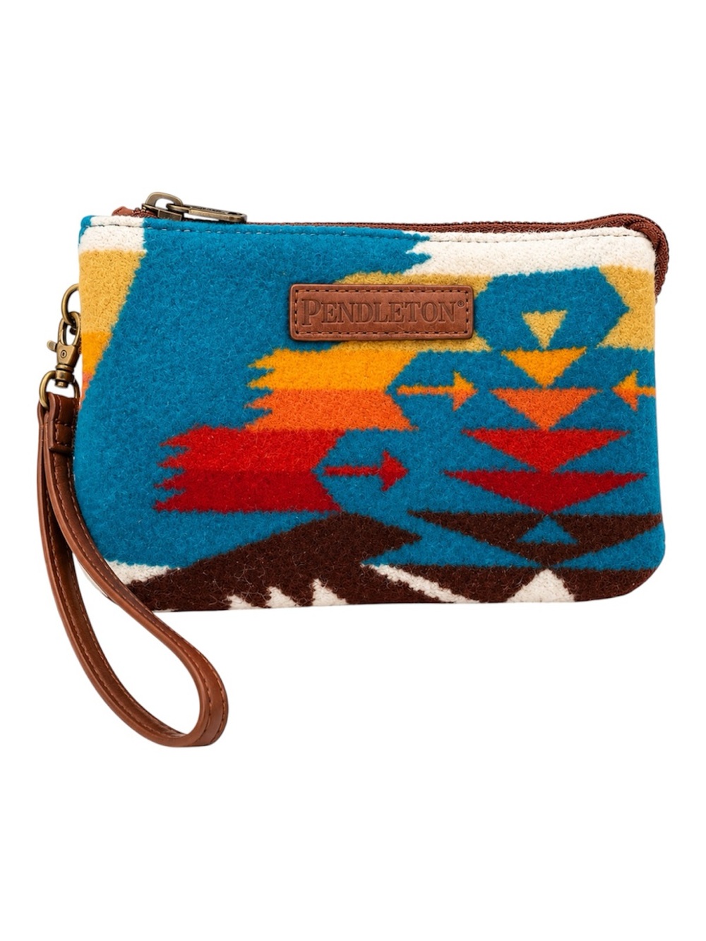 Pendleton Wool Wristlet Wallet Blue Southwest Geometric Leather Zip Clutch
